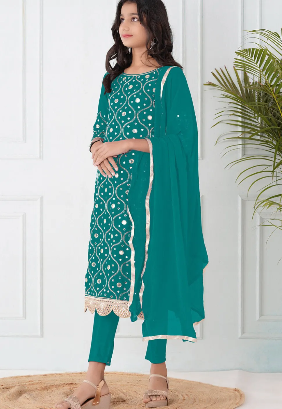 Embroidered Cotton Silk Pakistani Suit in Teal Green
