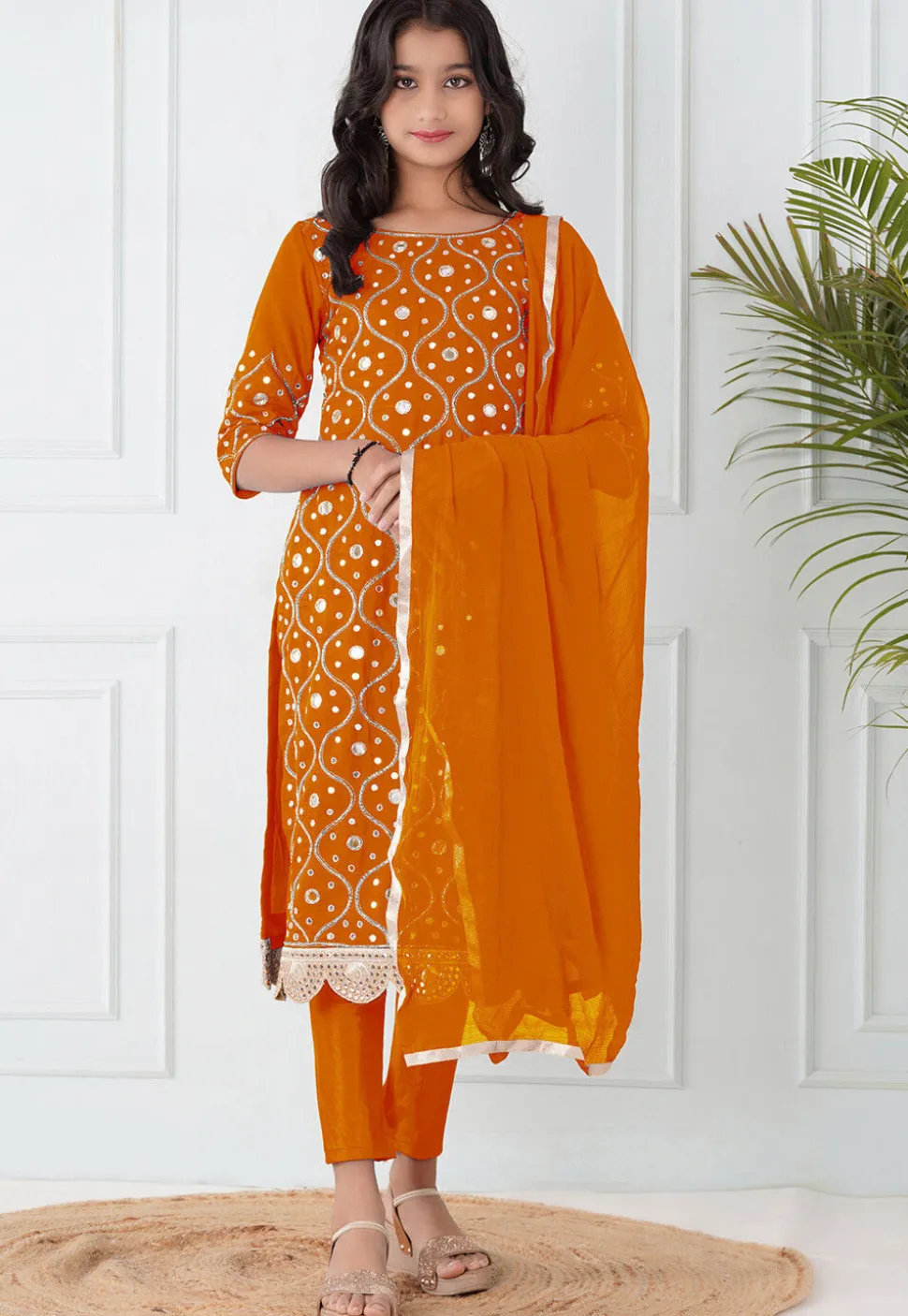 Embroidered Cotton Silk Pakistani Suit in Orange