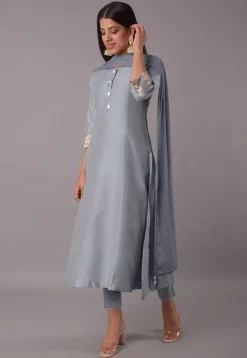 Embroidered Cotton Silk Pakistani Suit in Grey