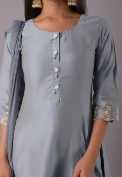 Embroidered Cotton Silk Pakistani Suit in Grey