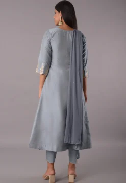 Embroidered Cotton Silk Pakistani Suit in Grey