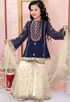 Embroidered Cotton Silk Pakistani Suit in Navy Blue