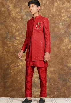 Embroidered Cotton Silk Sherwani in Red