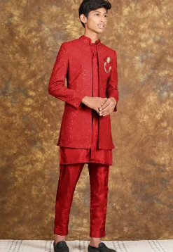 Embroidered Cotton Silk Sherwani in Red