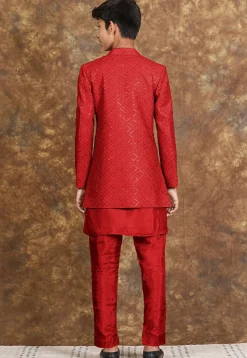 Embroidered Cotton Silk Sherwani in Red