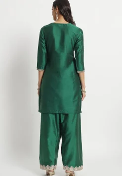 Embroidered Cotton Silk Staight Kurta Set in Dark Green