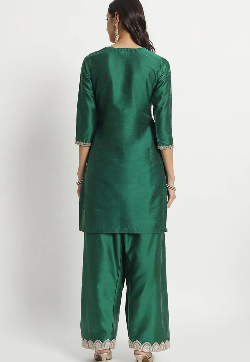 Embroidered Cotton Silk Staight Kurta Set in Dark Green
