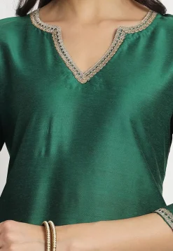 Embroidered Cotton Silk Staight Kurta Set in Dark Green