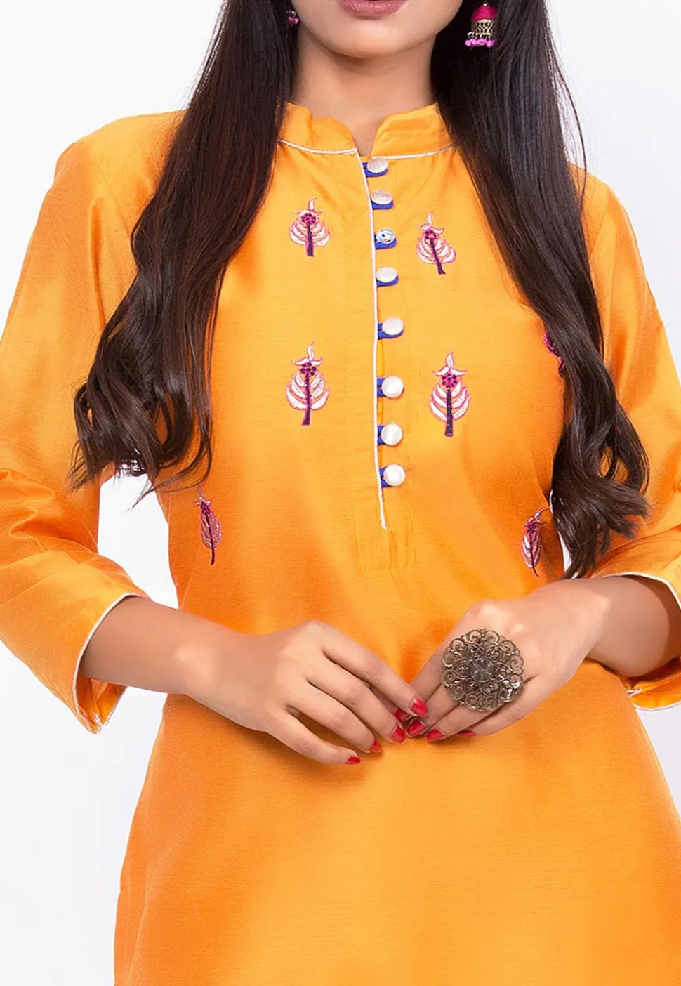 Embroidered Cotton Silk Straight Kurta in Mustard