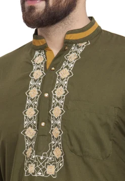Embroidered Cotton Silk Short Kurta in Olive Green