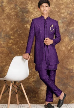 Embroidered Cotton Silk Sherwani in Purple