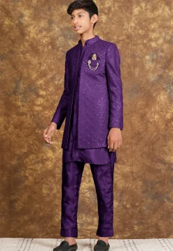 Embroidered Cotton Silk Sherwani in Purple