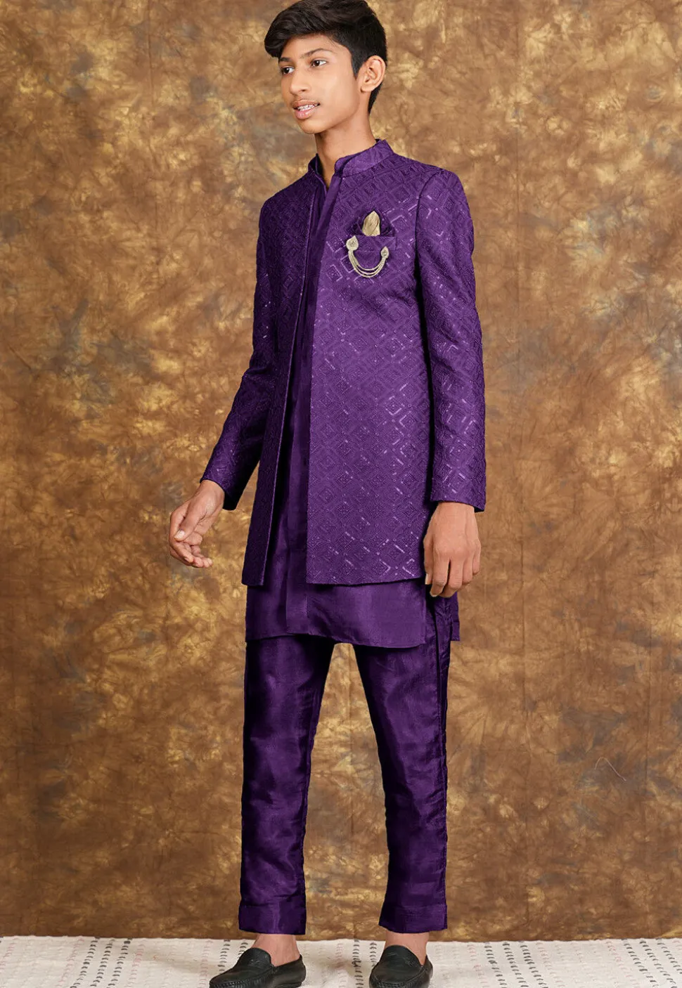 Embroidered Cotton Silk Sherwani in Purple