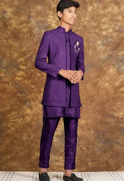 Embroidered Cotton Silk Sherwani in Purple