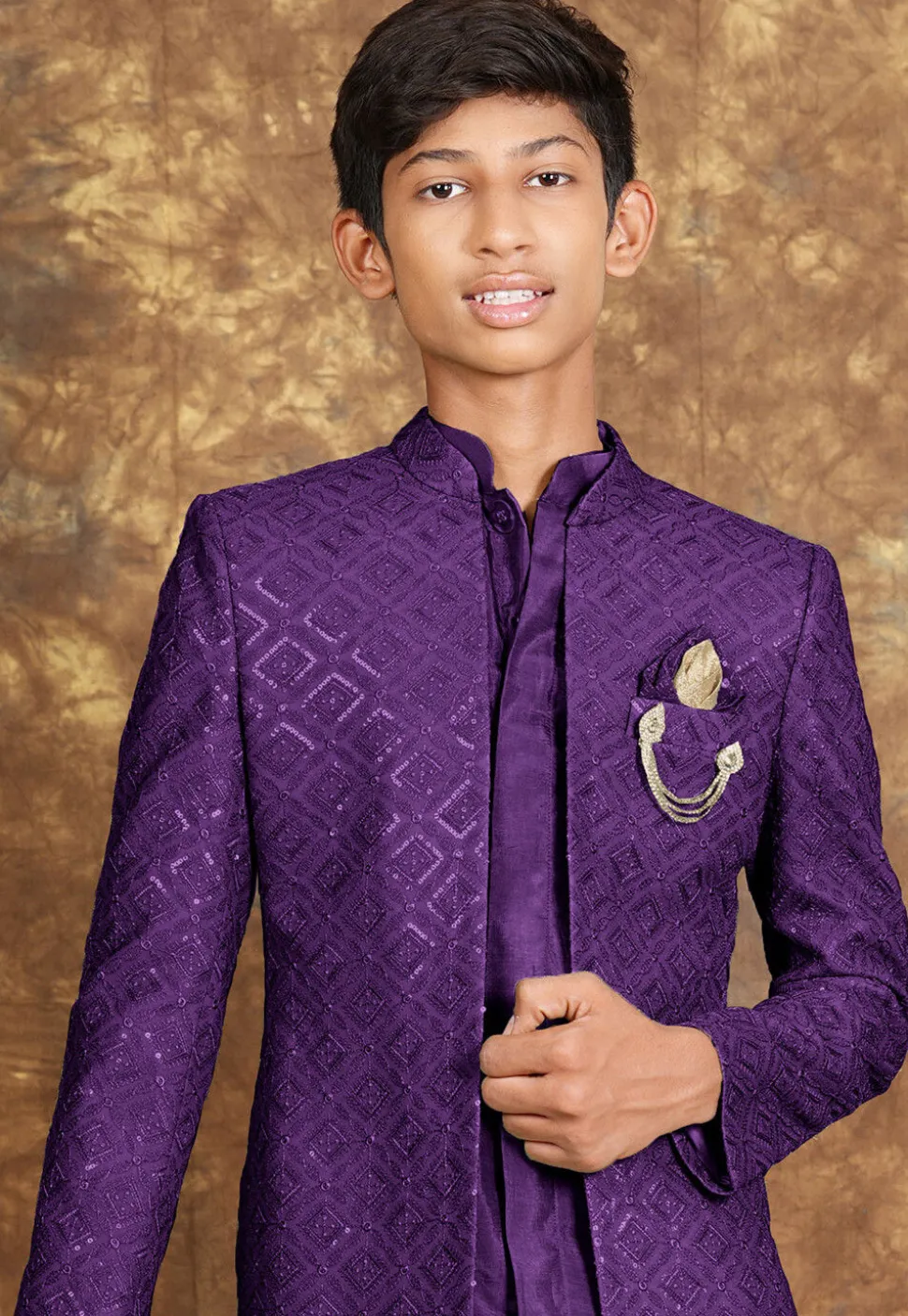 Embroidered Cotton Silk Sherwani in Purple