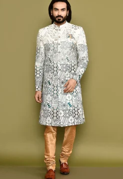 Embroidered Cotton Silk Sherwani in White