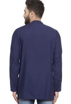 Embroidered Cotton Silk Short Kurta in Navy Blue