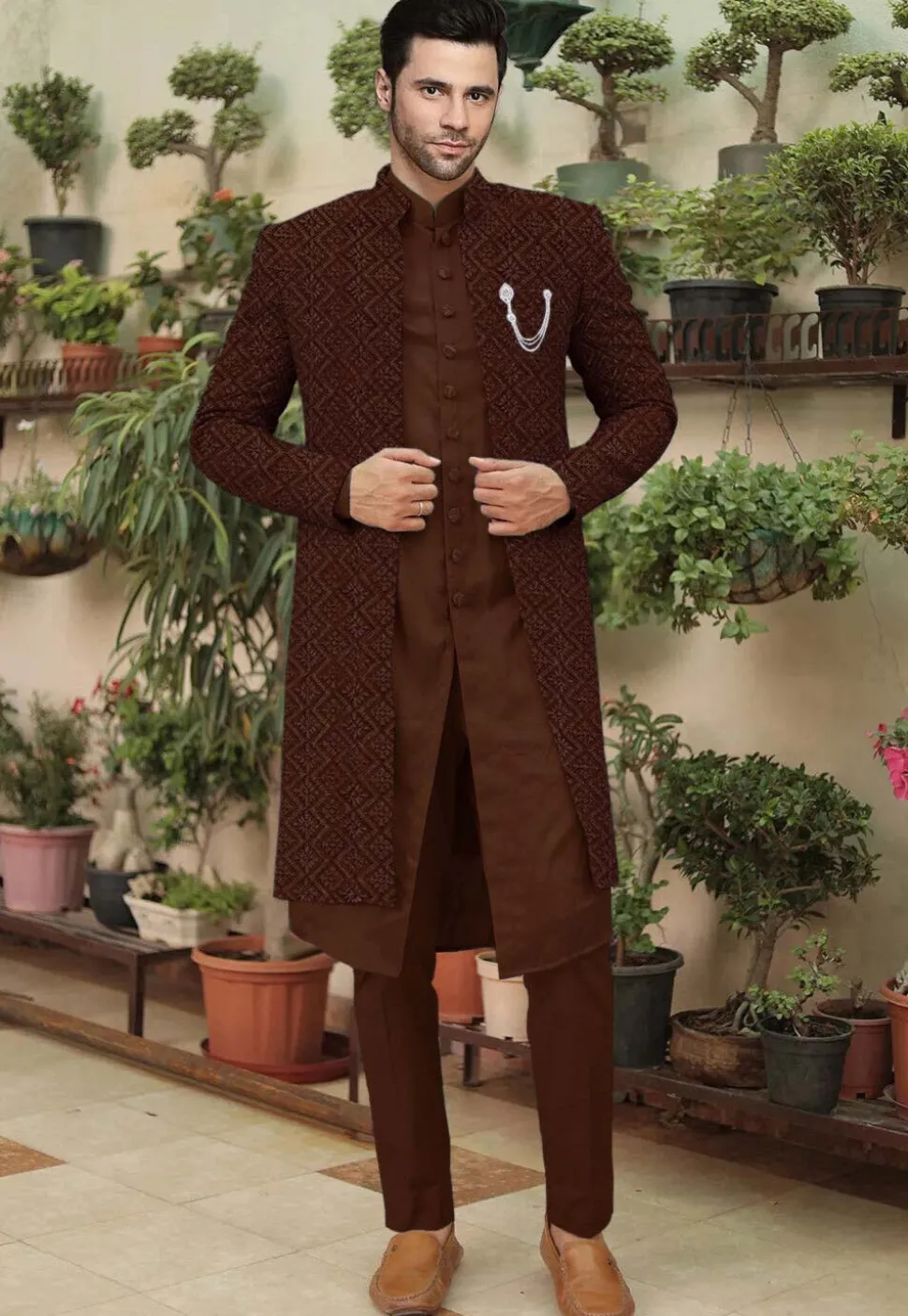 Embroidered Cotton Silk Sherwani in Brown