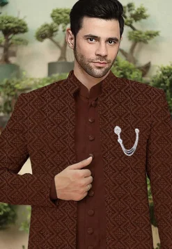 Embroidered Cotton Silk Sherwani in Brown