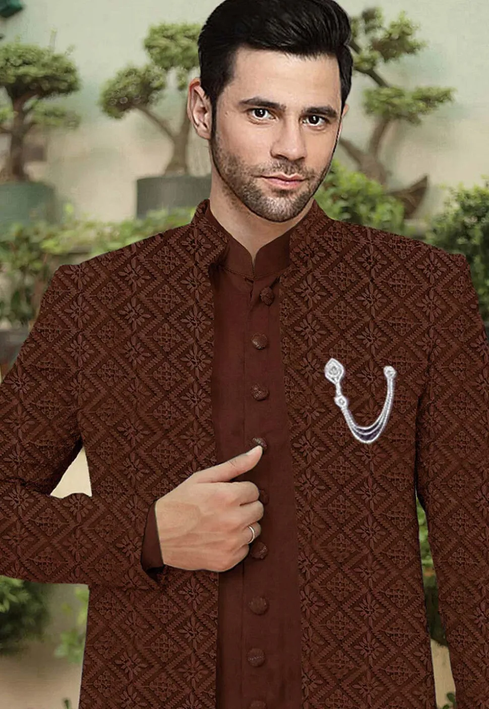 Embroidered Cotton Silk Sherwani in Brown