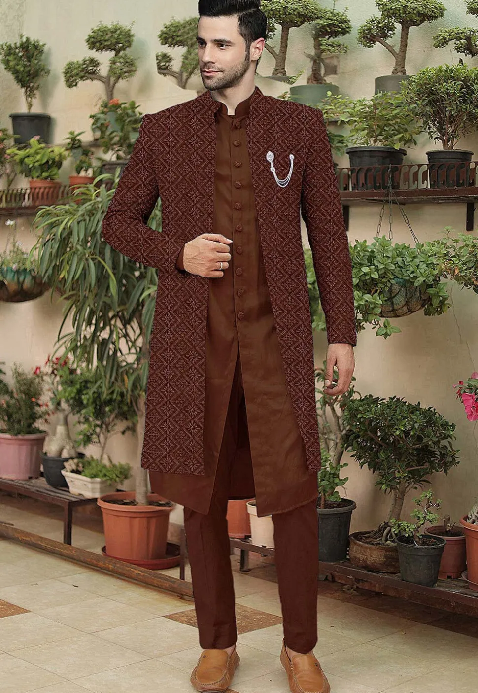 Embroidered Cotton Silk Sherwani in Brown