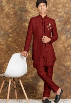 Embroidered Cotton Silk Sherwani in Maroon