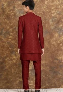 Embroidered Cotton Silk Sherwani in Maroon