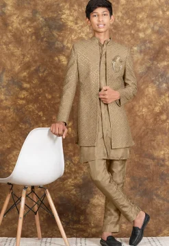 Embroidered Cotton Silk Sherwani in Beige