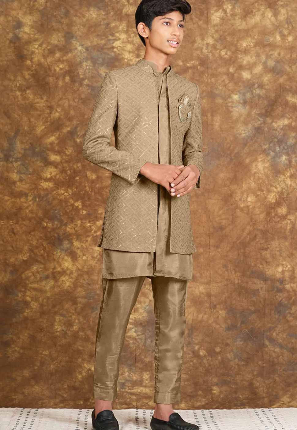 Embroidered Cotton Silk Sherwani in Beige