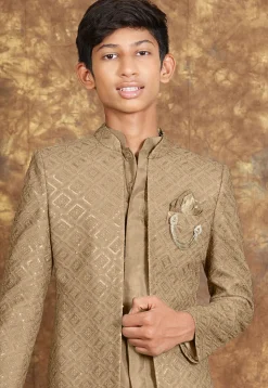 Embroidered Cotton Silk Sherwani in Beige