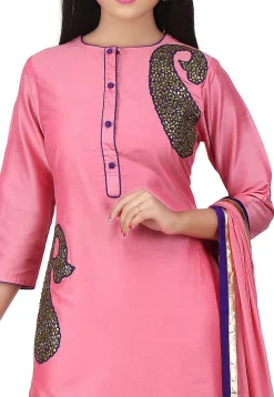 Embroidered Cotton Silk Straight Suit in Pink