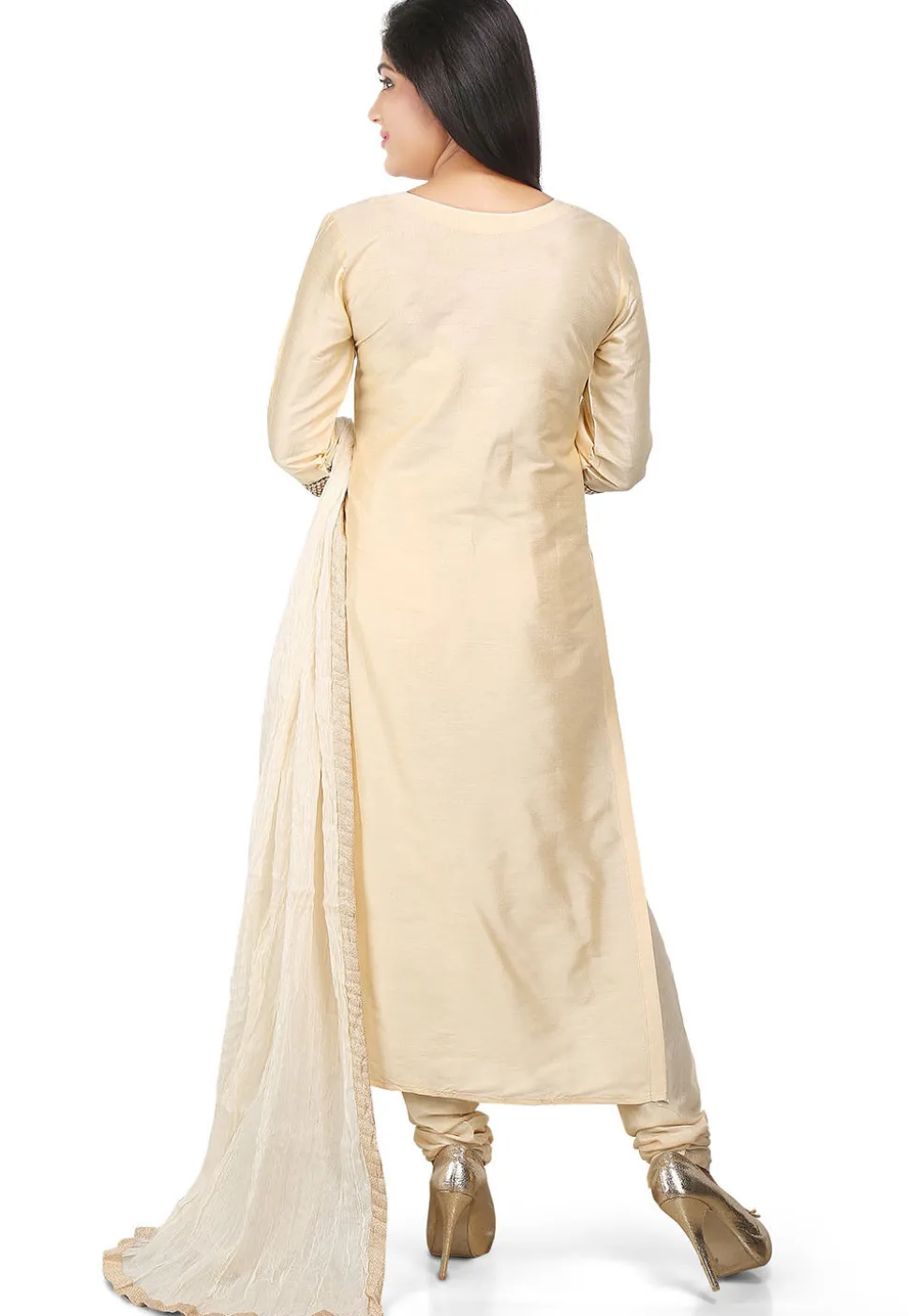Embroidered Cotton Silk Straight Cut Suit in Beige