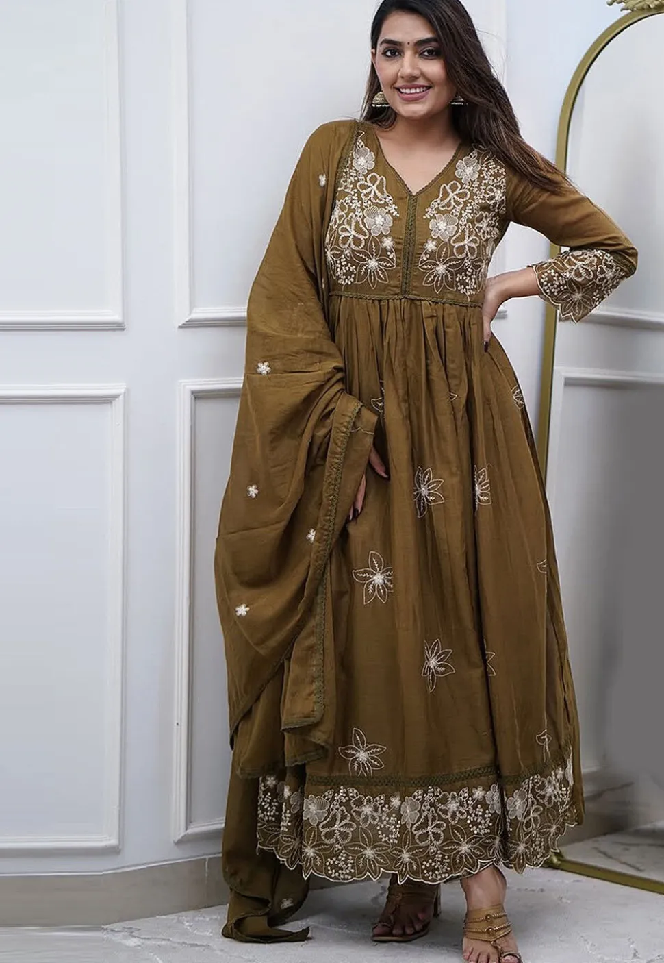 Embroidered Cotton Silk Scalloped Anarkali Suit in Olive Green