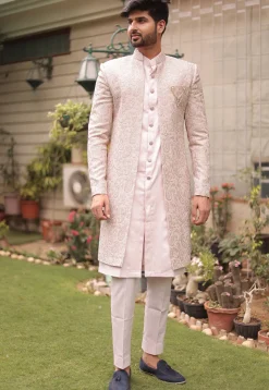 Embroidered Cotton Silk Sherwani in Fawn