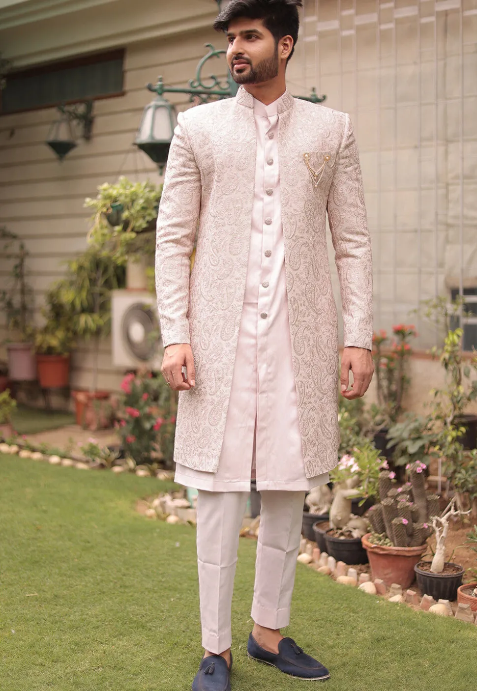 Embroidered Cotton Silk Sherwani in Fawn