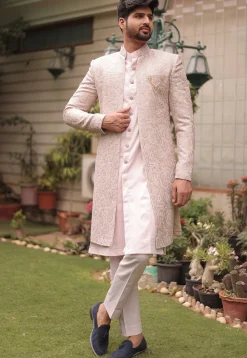 Embroidered Cotton Silk Sherwani in Fawn