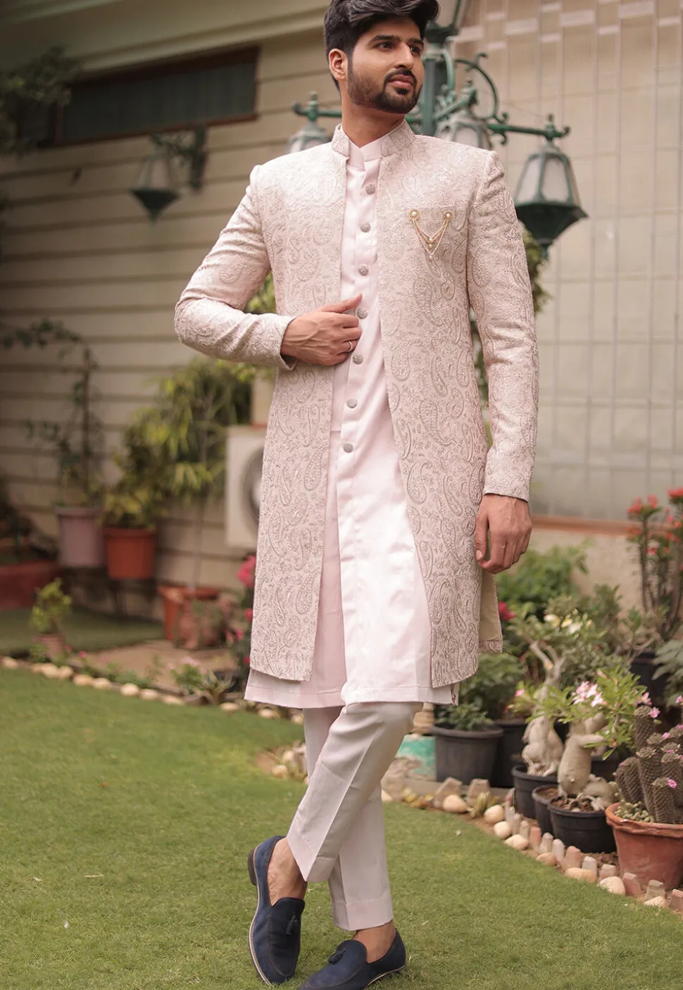 Embroidered Cotton Silk Sherwani in Fawn