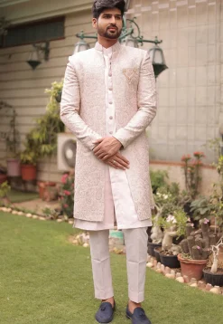 Embroidered Cotton Silk Sherwani in Fawn
