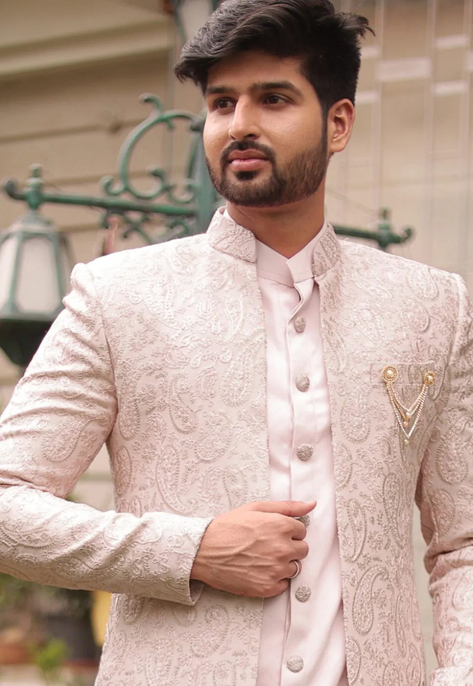 Embroidered Cotton Silk Sherwani in Fawn