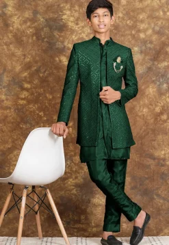 Embroidered Cotton Silk Sherwani in Dark Green