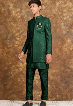 Embroidered Cotton Silk Sherwani in Dark Green