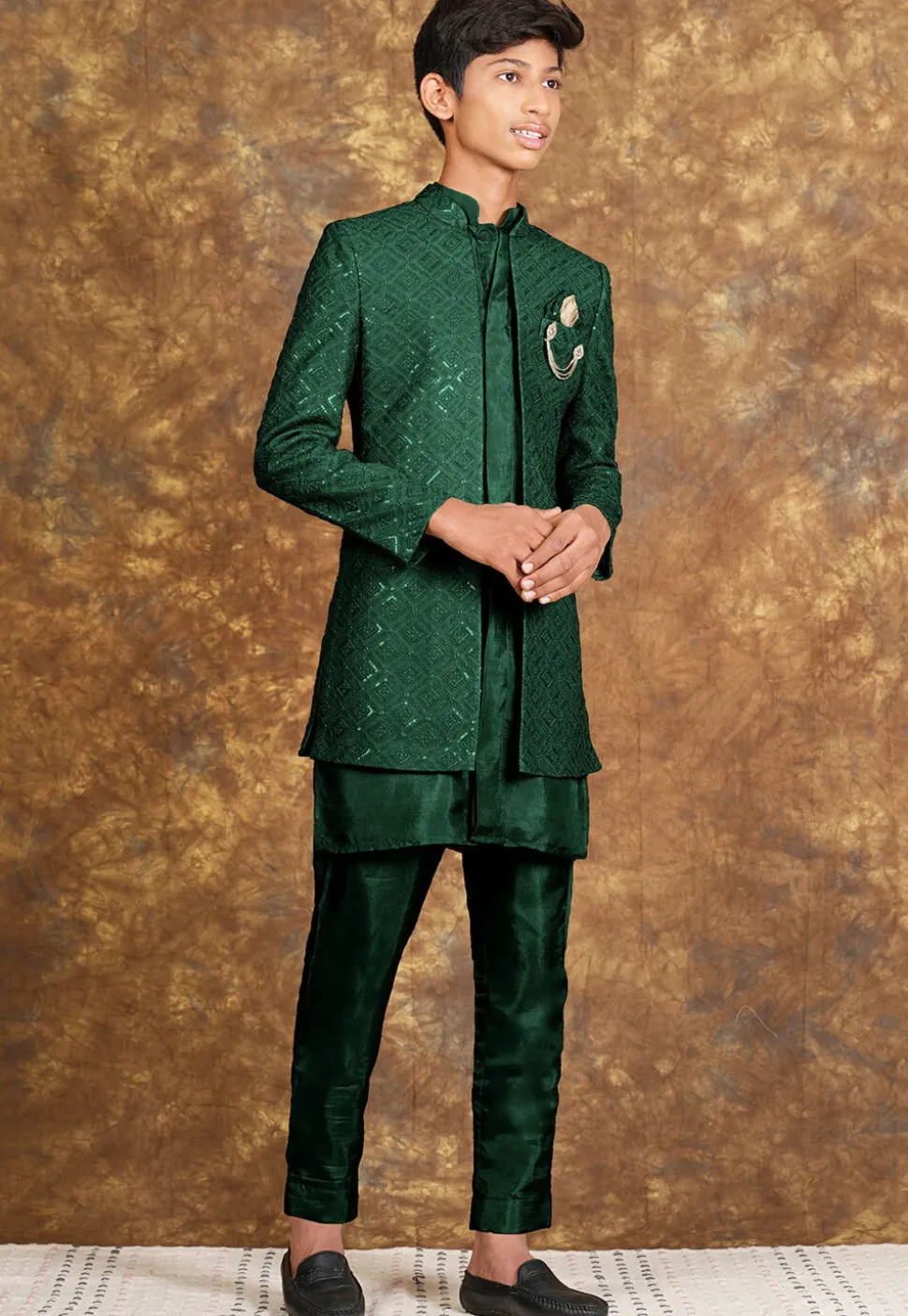 Embroidered Cotton Silk Sherwani in Dark Green