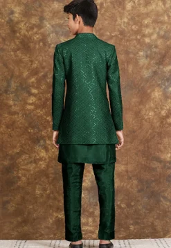Embroidered Cotton Silk Sherwani in Dark Green