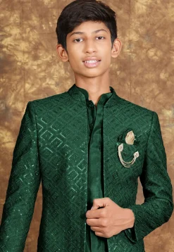 Embroidered Cotton Silk Sherwani in Dark Green