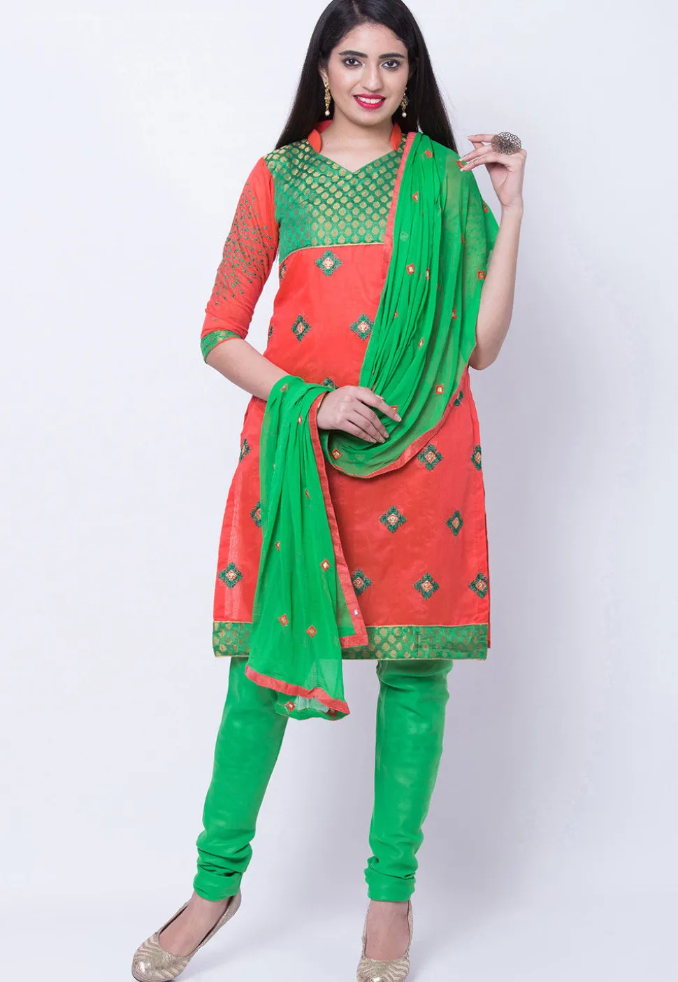 Embroidered Cotton Silk Straight Suit in Orange