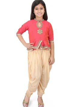 Embroidered Cotton Silk Top with Dhoti Pant in Orange and Pink