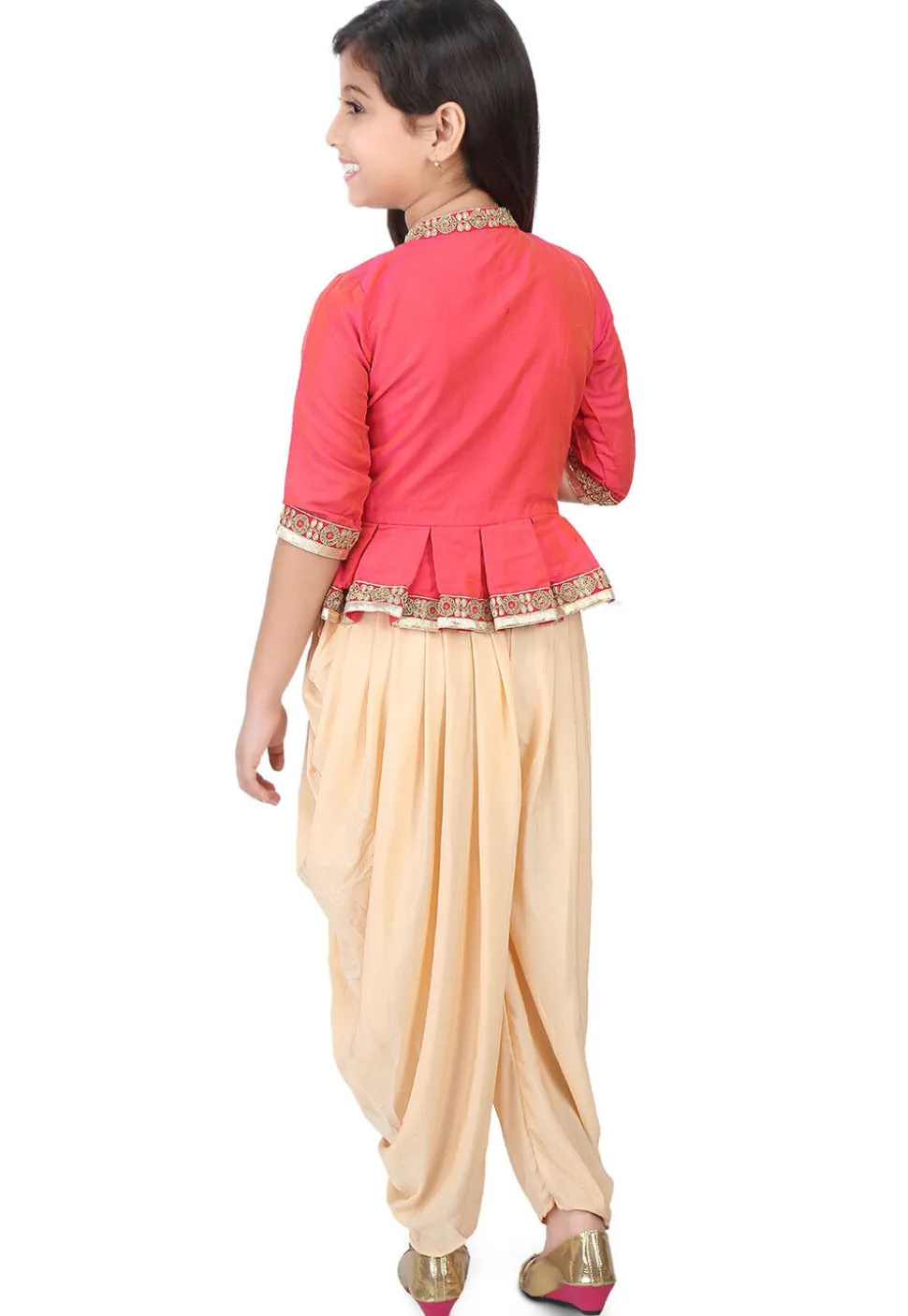 Embroidered Cotton Silk Top with Dhoti Pant in Orange and Pink