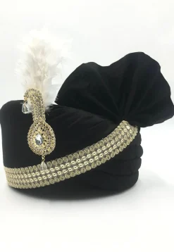Embroidered Cotton Silk Turban in Black