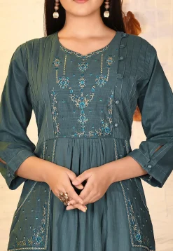 Embroidered Cotton Slub A Line Kurta in Dusty Blue