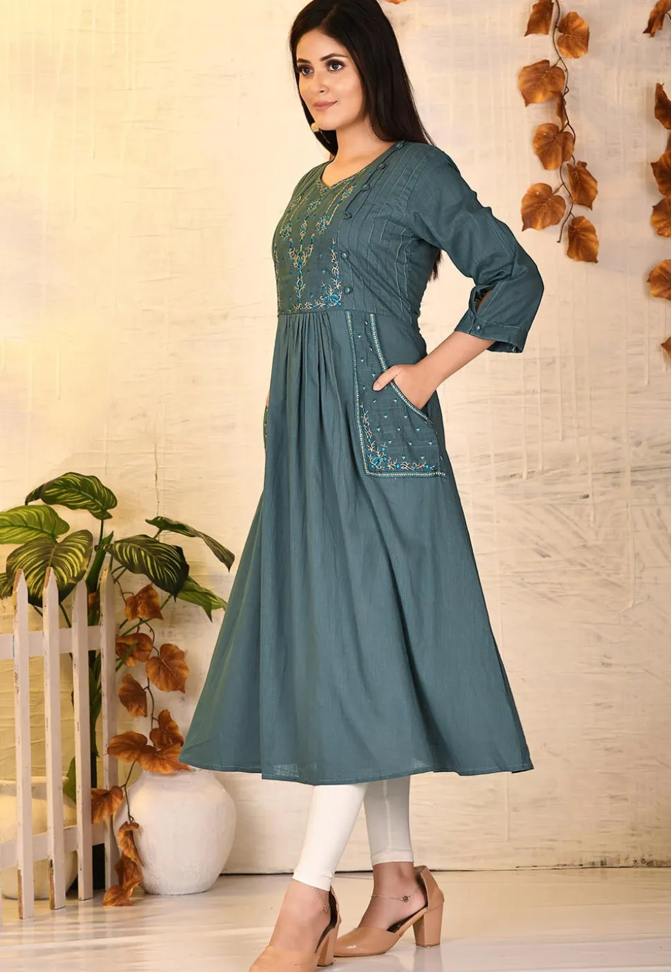 Embroidered Cotton Slub A Line Kurta in Dusty Blue
